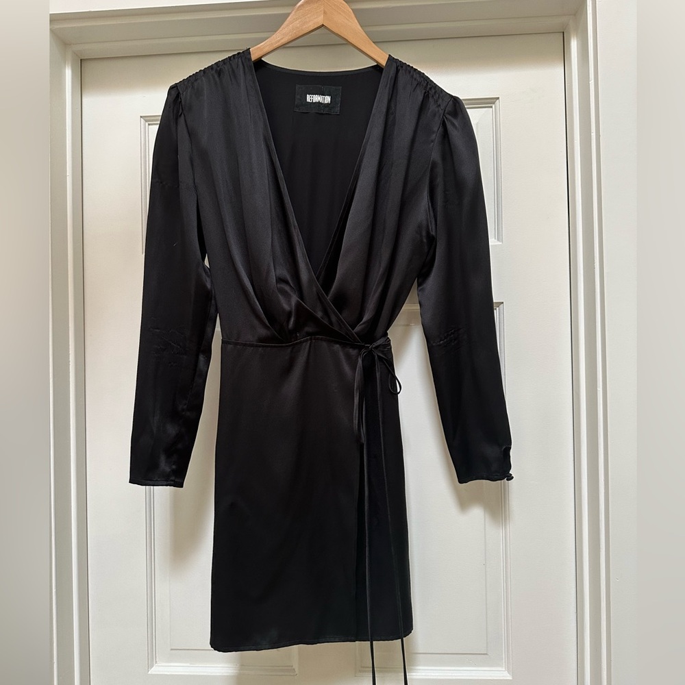 Reformation black silk Rogers wrap mini